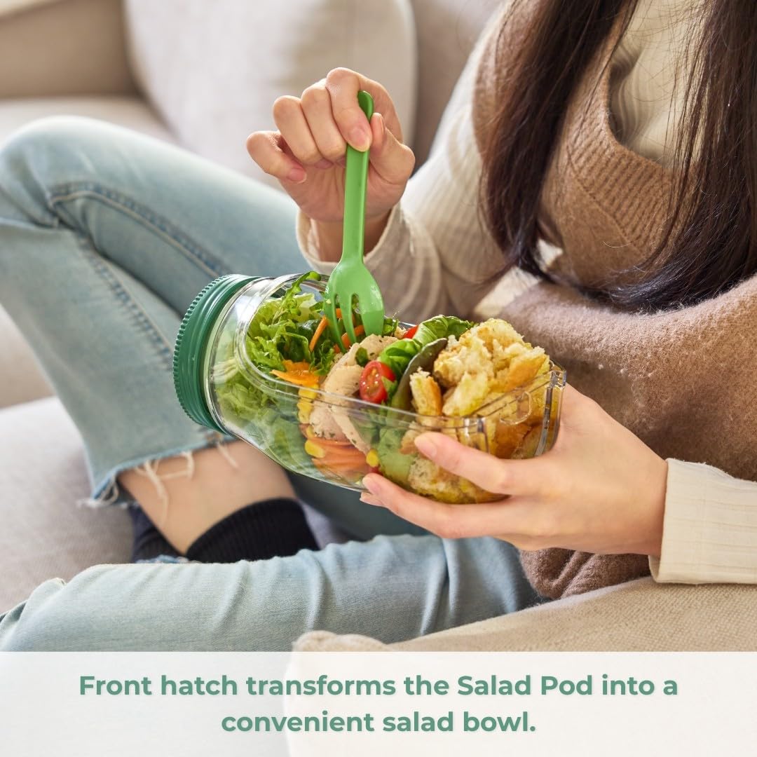 Salad Pod – Leakproof Mason Jar Style Salad Container with Side Hatch Bowl Design
