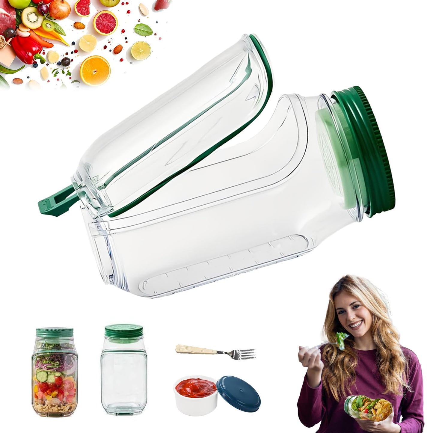 Salad Pod – Leakproof Mason Jar Style Salad Container with Side Hatch Bowl Design